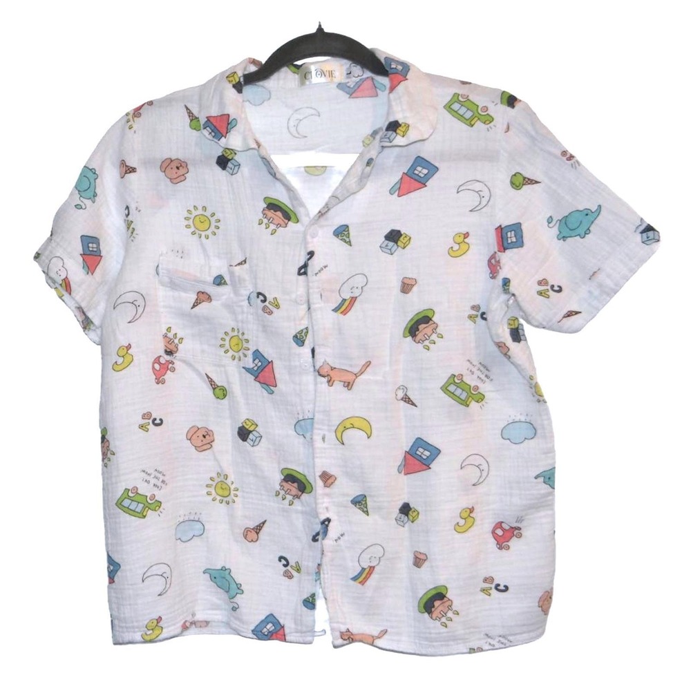 UNIQUE Clovie Cartoon Print Short Sleeve Muslin Shirt